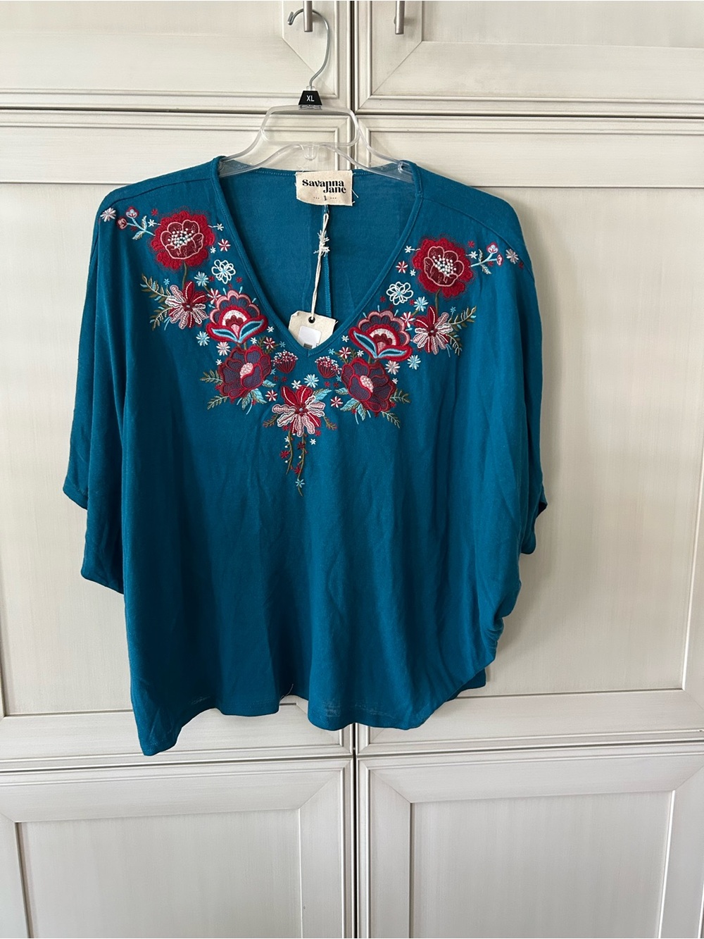 Savanna Jane Teal V-Neck Tunic with Red & Pink Floral Embroidery